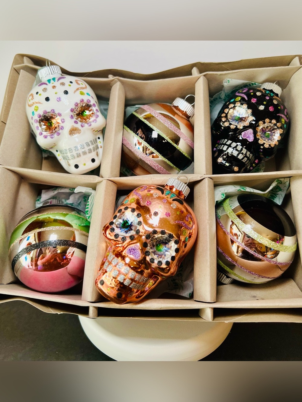 6 Radko Halloween Glass Skull & Ball Ornaments Pastel Colors Glitter Stripes